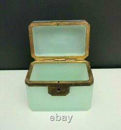 Antique French Opaline Art Glass Jewelry Casket Box Celadon Green Glass