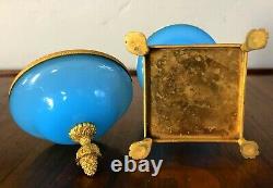 Antique French Opaline Blue Glass Lidded Footed Gold Gilt Ormolu Box Jar As Is