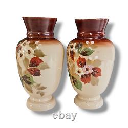 Antique French Opaline Glass Beige Brown Vase Floral Hand Painted Set of (2)