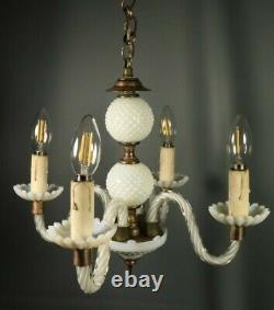 Antique French Opaline Opalescent Glass Art Deco Hanging Chandelier Lamp 1930s