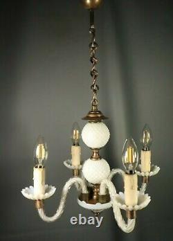 Antique French Opaline Opalescent Glass Art Deco Hanging Chandelier Lamp 1930s