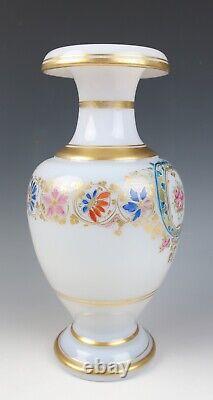 Antique French Opaline Rolled Rim Glass Vases Enameled Roses Gold Baccarat White