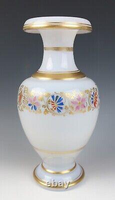 Antique French Opaline Rolled Rim Glass Vases Enameled Roses Gold Baccarat White