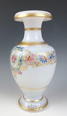 Antique French Opaline Rolled Rim Glass Vases Enameled Roses Gold Baccarat White