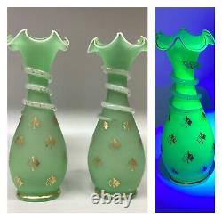 Antique French Opaline Snake Vases Green A Pair Baccarat Saint Louis Signed