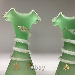 Antique French Opaline Snake Vases Green A Pair Baccarat Saint Louis Signed