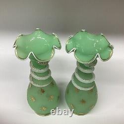 Antique French Opaline Snake Vases Green A Pair Baccarat Saint Louis Signed