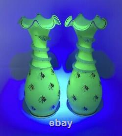 Antique French Opaline Snake Vases Green A Pair Baccarat Saint Louis Signed