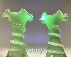 Antique French Opaline Snake Vases Green A Pair Baccarat Saint Louis Signed