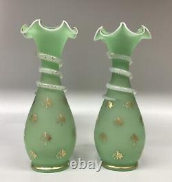 Antique French Opaline Snake Vases Green A Pair Baccarat Saint Louis Signed