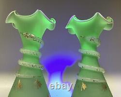 Antique French Opaline Snake Vases Green A Pair Baccarat Saint Louis Signed