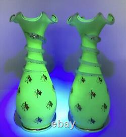 Antique French Opaline Snake Vases Green A Pair Baccarat Saint Louis Signed