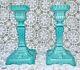 Antique French Pair Portieux Vallerysthal Blue Opaline Milk Glass Candlesticks