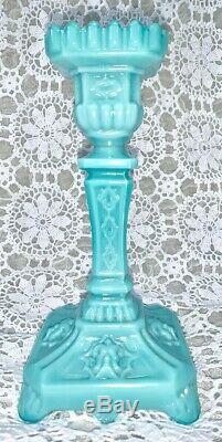 Antique French Pair Portieux Vallerysthal Blue Opaline Milk Glass Candlesticks