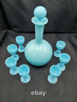 Antique French Portieux Vallerysthal Blue opaline glass Decanter and 7 Cordials