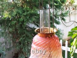 Antique GWTW Victorian HANGING HALL ENTRY LAMP, Pink Opalescent Swirl ART GLASS