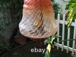 Antique GWTW Victorian HANGING HALL ENTRY LAMP, Pink Opalescent Swirl ART GLASS