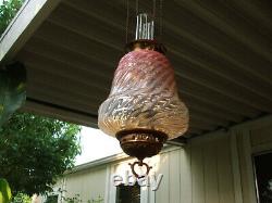 Antique GWTW Victorian HANGING HALL ENTRY LAMP, Pink Opalescent Swirl ART GLASS