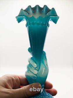 Antique Hand-Blown Blue Opaline Hand Vase, Vallerysthal Portieux of France, 6 H