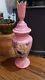 Antique Hand Blown Pink Opaline Glass Vase Handpainted Rose Bird Rare Crown Lid