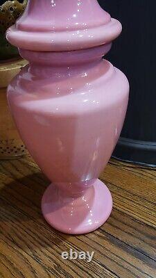 Antique Hand Blown Pink Opaline Glass Vase Handpainted Rose Bird RARE Crown Lid