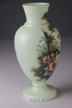 Antique Hand Painted Hand Painted Floral Opaline Glass Vase Glows