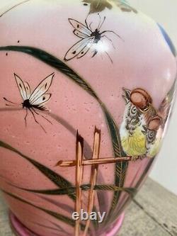 Antique Hand Painted Opaline Art Glass Birds & Insects Vase