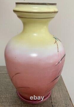 Antique Hand Painted Opaline Art Glass Birds & Insects Vase