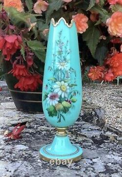 Antique Harrach Enamelled Flowers Turquoise Beaded Vase 19th c Bohemian Opaline