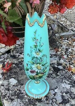 Antique Harrach Enamelled Flowers Turquoise Beaded Vase 19th c Bohemian Opaline