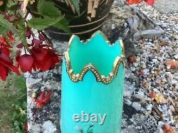 Antique Harrach Enamelled Flowers Turquoise Beaded Vase 19th c Bohemian Opaline