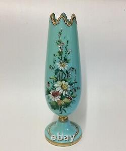 Antique Harrach Enamelled Flowers Turquoise Beaded Vase 19th c Bohemian Opaline