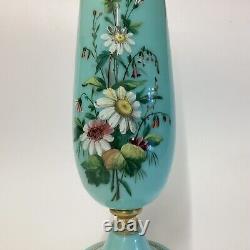 Antique Harrach Enamelled Flowers Turquoise Beaded Vase 19th c Bohemian Opaline
