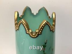 Antique Harrach Enamelled Flowers Turquoise Beaded Vase 19th c Bohemian Opaline