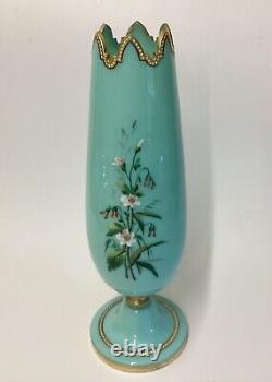 Antique Harrach Enamelled Flowers Turquoise Beaded Vase 19th c Bohemian Opaline