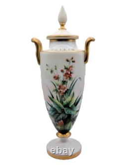 Antique Harrach Opaline Art Glass Urn Vase with Hand Painted Floral & Aquatic Bird