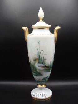 Antique Harrach Opaline Art Glass Urn Vase with Hand Painted Floral & Aquatic Bird