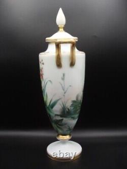 Antique Harrach Opaline Art Glass Urn Vase with Hand Painted Floral & Aquatic Bird