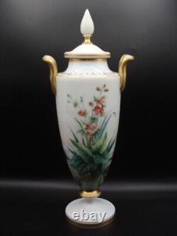 Antique Harrach Opaline Art Glass Urn Vase with Hand Painted Floral & Aquatic Bird