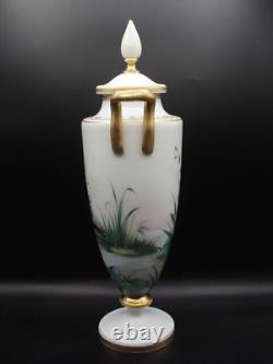 Antique Harrach Opaline Art Glass Urn Vase with Hand Painted Floral & Aquatic Bird