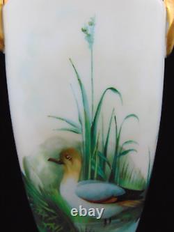 Antique Harrach Opaline Art Glass Urn Vase with Hand Painted Floral & Aquatic Bird