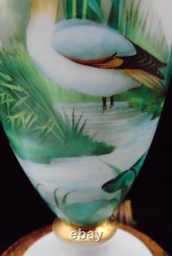 Antique Harrach Opaline Art Glass Urn Vase with Hand Painted Floral & Aquatic Bird