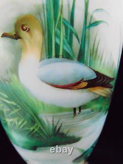 Antique Harrach Opaline Art Glass Urn Vase with Hand Painted Floral & Aquatic Bird
