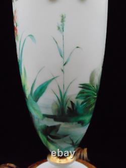 Antique Harrach Opaline Art Glass Urn Vase with Hand Painted Floral & Aquatic Bird