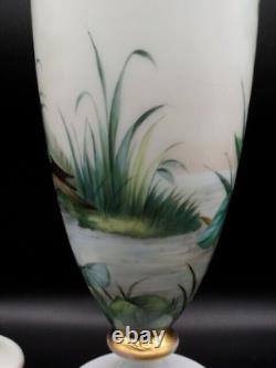 Antique Harrach Opaline Art Glass Urn Vase with Hand Painted Floral & Aquatic Bird