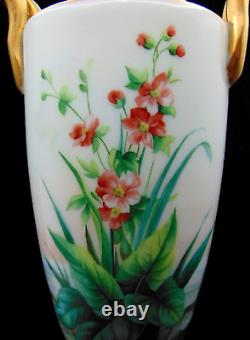 Antique Harrach Opaline Art Glass Urn Vase with Hand Painted Floral & Aquatic Bird