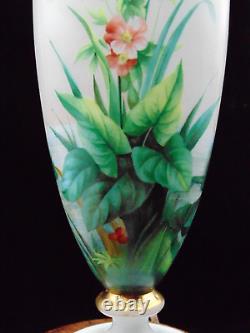 Antique Harrach Opaline Art Glass Urn Vase with Hand Painted Floral & Aquatic Bird