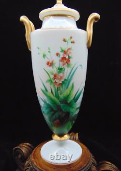 Antique Harrach Opaline Art Glass Urn Vase with Hand Painted Floral & Aquatic Bird