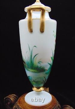 Antique Harrach Opaline Art Glass Urn Vase with Hand Painted Floral & Aquatic Bird