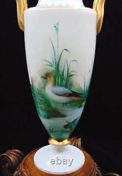 Antique Harrach Opaline Art Glass Urn Vase with Hand Painted Floral & Aquatic Bird